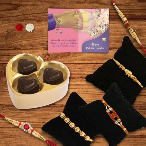 BOGATCHI 3Heart Chocolate 5 Rakhi Roli Chawal and Greeting Card | Rakhi Special Chocolates | Rakhi Gift for Sister 